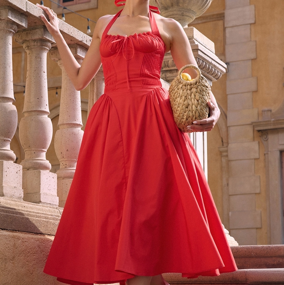HOUSE OF CB Adabella Italian Tomato Cotton Halter Sundress